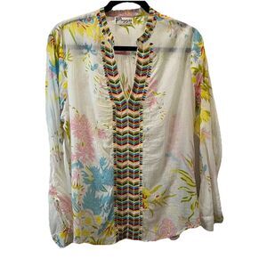 Magazine Floral Sheer Boho Embroidered V Neck Blouse Top Size L Roll Tab Sleeve